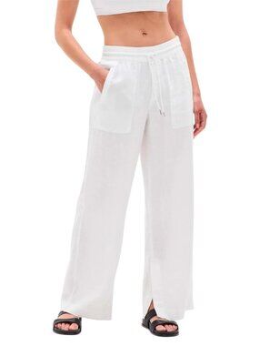 Athleta White Retreat Linen High Rise Wide Leg Pants Size Large